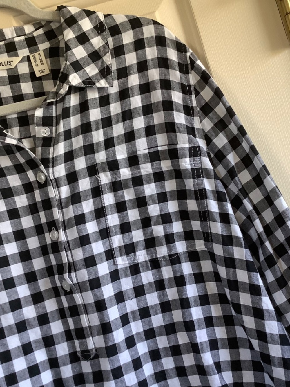 Rachel Hollis Gingham Linen Blend Woven Henley Shirt Black White SZ 14 - Picture 6 of 16